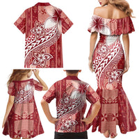Tonga Kupesi Ngatu Family Matching Mermaid Dress and Hawaiian Shirt Vintage Red Plumeria LT05 - Polynesian Pride