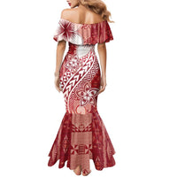 Tonga Kupesi Ngatu Family Matching Mermaid Dress and Hawaiian Shirt Vintage Red Plumeria LT05 - Polynesian Pride