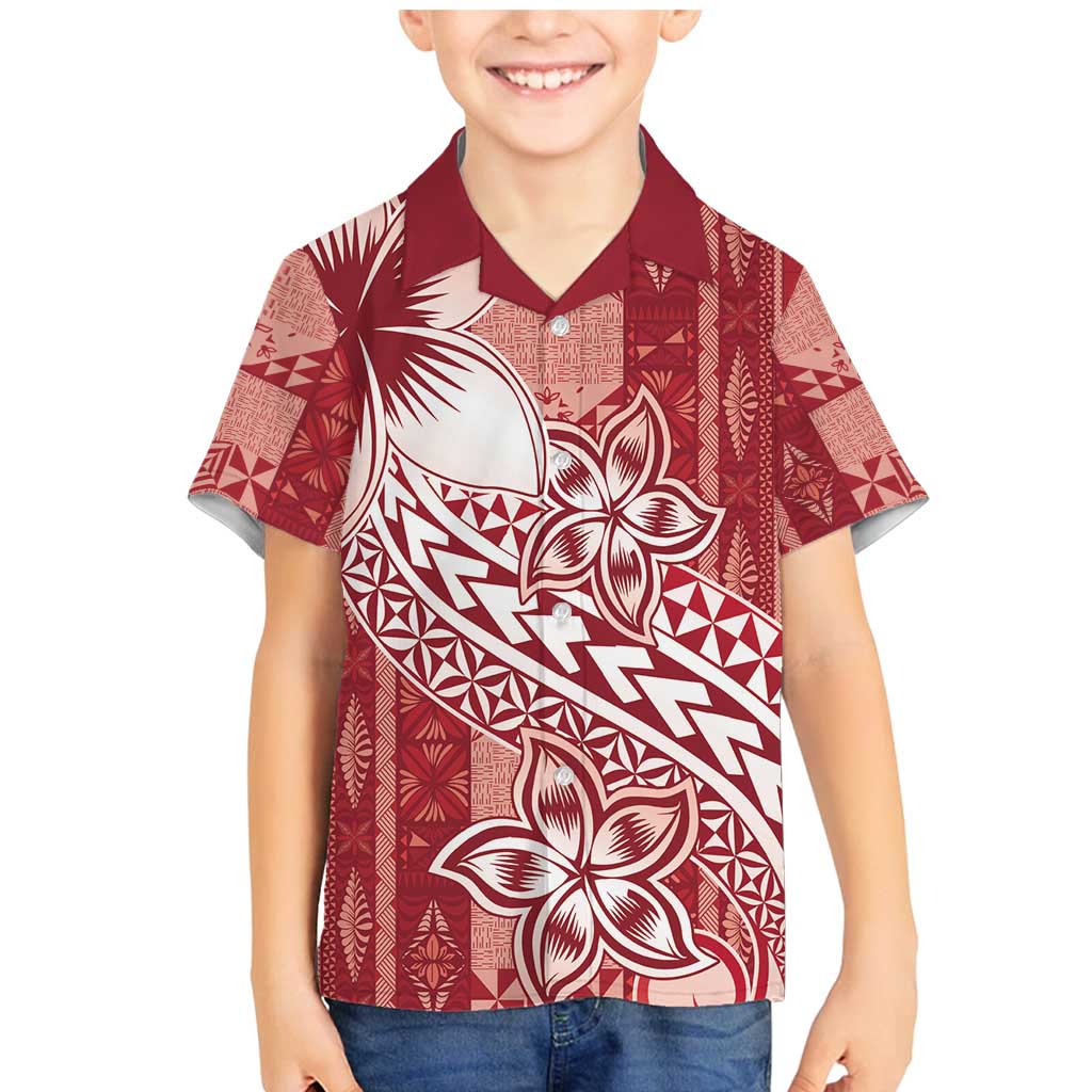 Tonga Kupesi Ngatu Family Matching Mermaid Dress and Hawaiian Shirt Vintage Red Plumeria LT05 Son's Shirt Red - Polynesian Pride