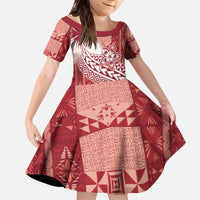 Tonga Kupesi Ngatu Family Matching Off Shoulder Maxi Dress and Hawaiian Shirt Vintage Red Plumeria LT05 Daughter's Dress Red - Polynesian Pride