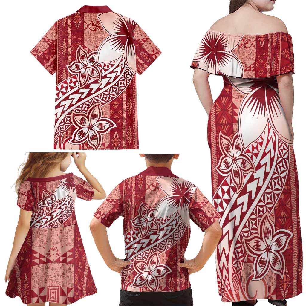 Tonga Kupesi Ngatu Family Matching Off Shoulder Maxi Dress and Hawaiian Shirt Vintage Red Plumeria LT05 - Polynesian Pride