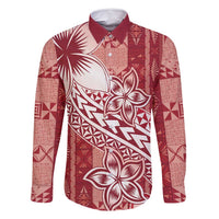 Tonga Kupesi Ngatu Family Matching Off Shoulder Maxi Dress and Hawaiian Shirt Vintage Red Plumeria LT05 Dad's Shirt - Long Sleeve Red - Polynesian Pride