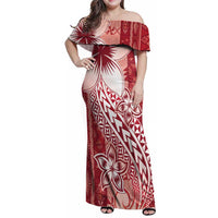 Tonga Kupesi Ngatu Family Matching Off Shoulder Maxi Dress and Hawaiian Shirt Vintage Red Plumeria LT05 Mom's Dress Red - Polynesian Pride