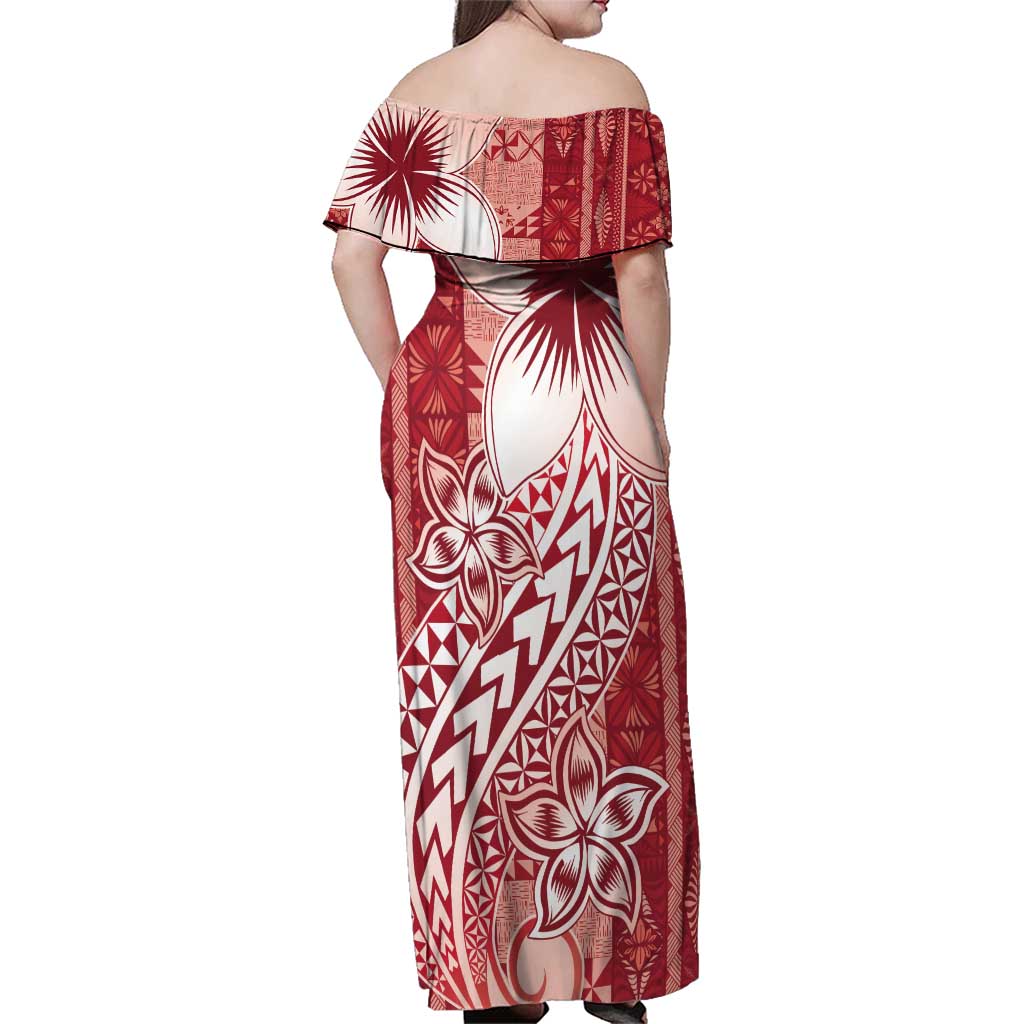 Tonga Kupesi Ngatu Family Matching Off Shoulder Maxi Dress and Hawaiian Shirt Vintage Red Plumeria LT05 - Polynesian Pride