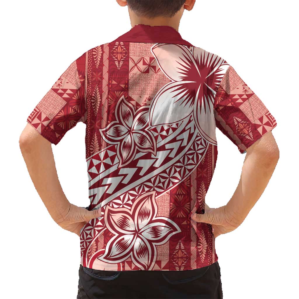 Tonga Kupesi Ngatu Family Matching Off Shoulder Short Dress and Hawaiian Shirt Vintage Red Plumeria LT05 - Polynesian Pride