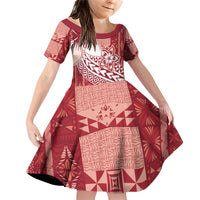 Tonga Kupesi Ngatu Family Matching Off Shoulder Short Dress and Hawaiian Shirt Vintage Red Plumeria LT05 Daughter's Dress Red - Polynesian Pride