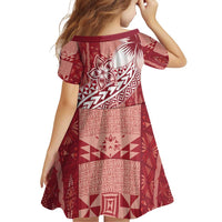 Tonga Kupesi Ngatu Family Matching Off Shoulder Short Dress and Hawaiian Shirt Vintage Red Plumeria LT05 - Polynesian Pride