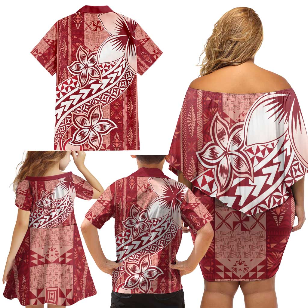Tonga Kupesi Ngatu Family Matching Off Shoulder Short Dress and Hawaiian Shirt Vintage Red Plumeria LT05 - Polynesian Pride