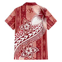 Tonga Kupesi Ngatu Family Matching Off Shoulder Short Dress and Hawaiian Shirt Vintage Red Plumeria LT05 - Polynesian Pride