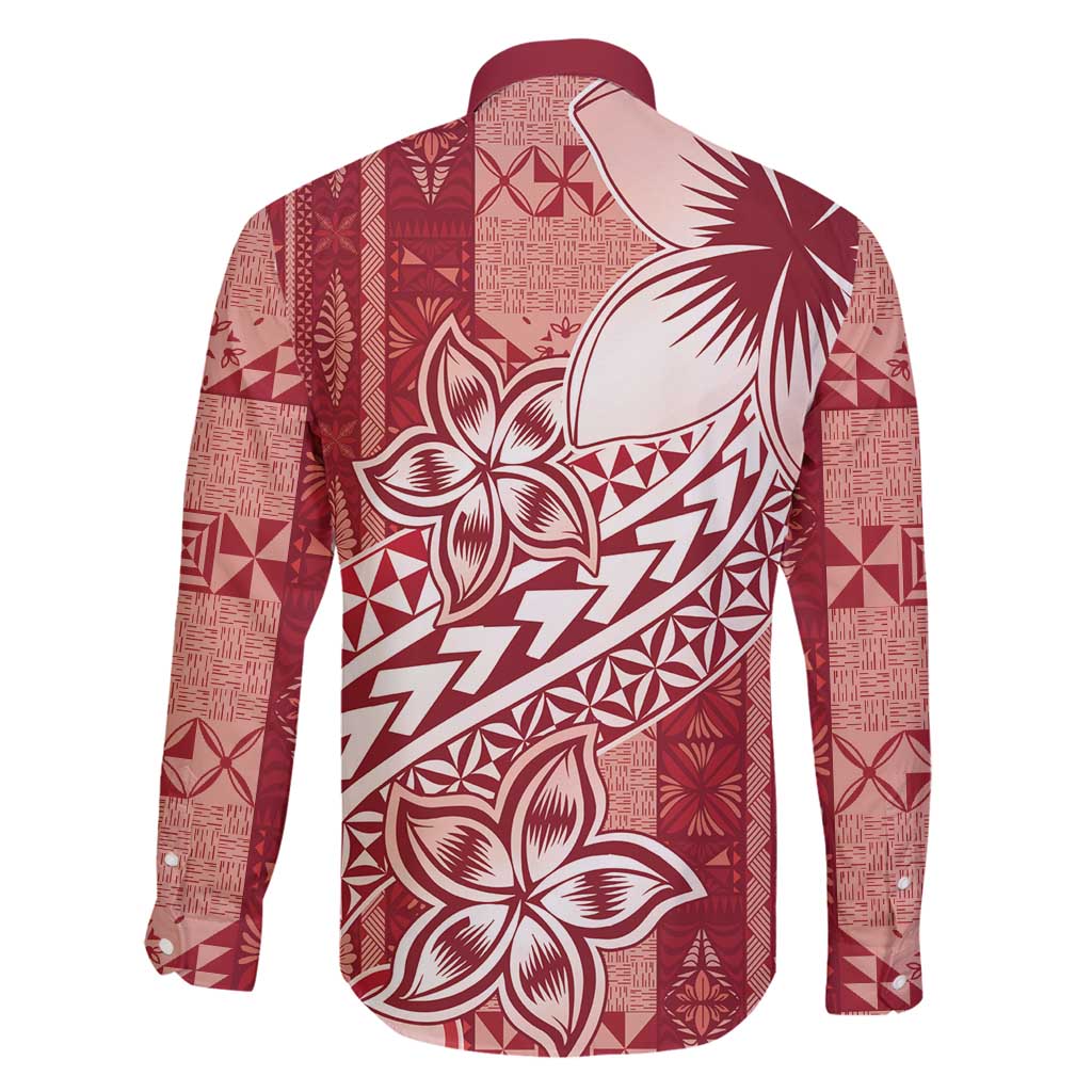 Tonga Kupesi Ngatu Family Matching Off Shoulder Short Dress and Hawaiian Shirt Vintage Red Plumeria LT05 - Polynesian Pride