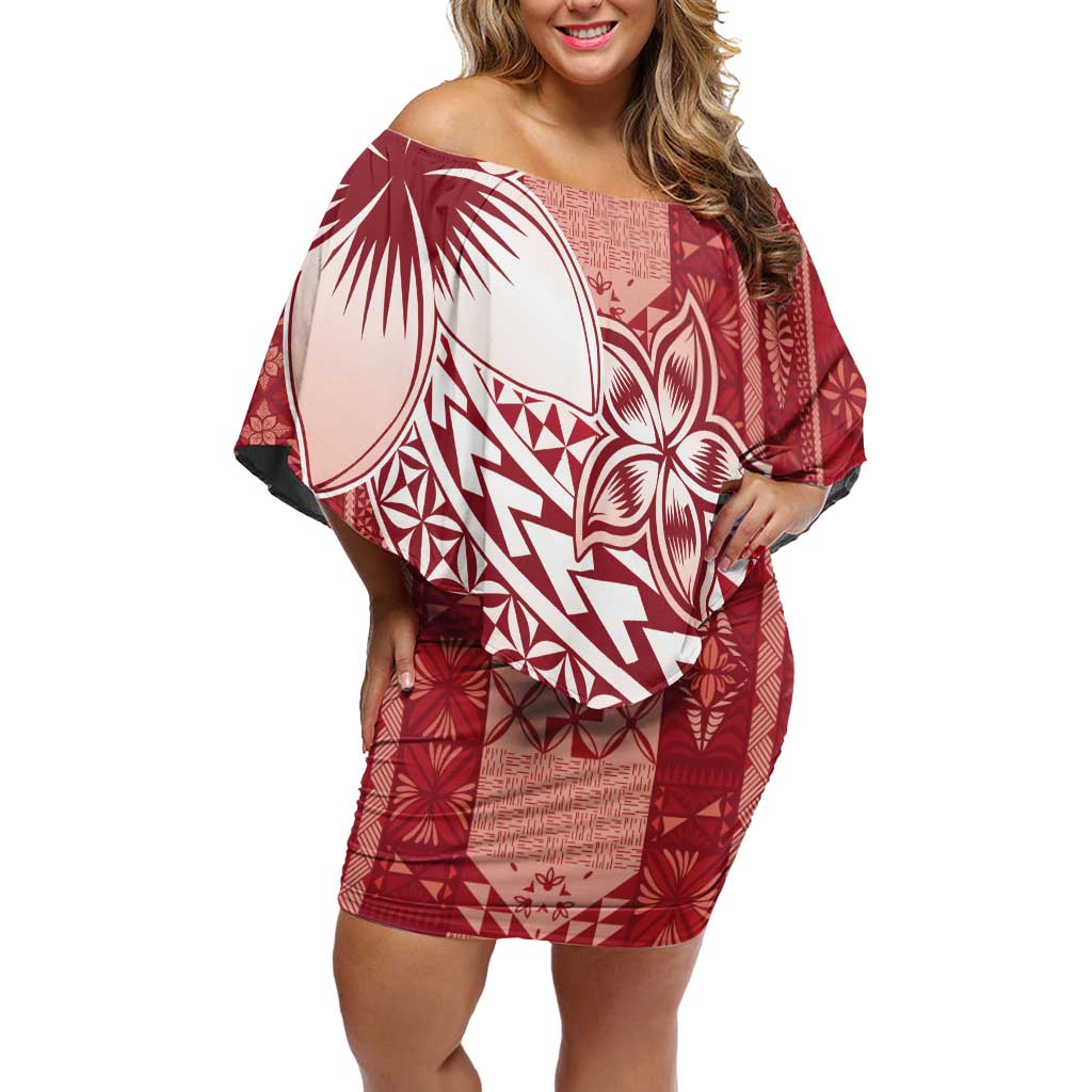 Tonga Kupesi Ngatu Family Matching Off Shoulder Short Dress and Hawaiian Shirt Vintage Red Plumeria LT05 Mom's Dress Red - Polynesian Pride