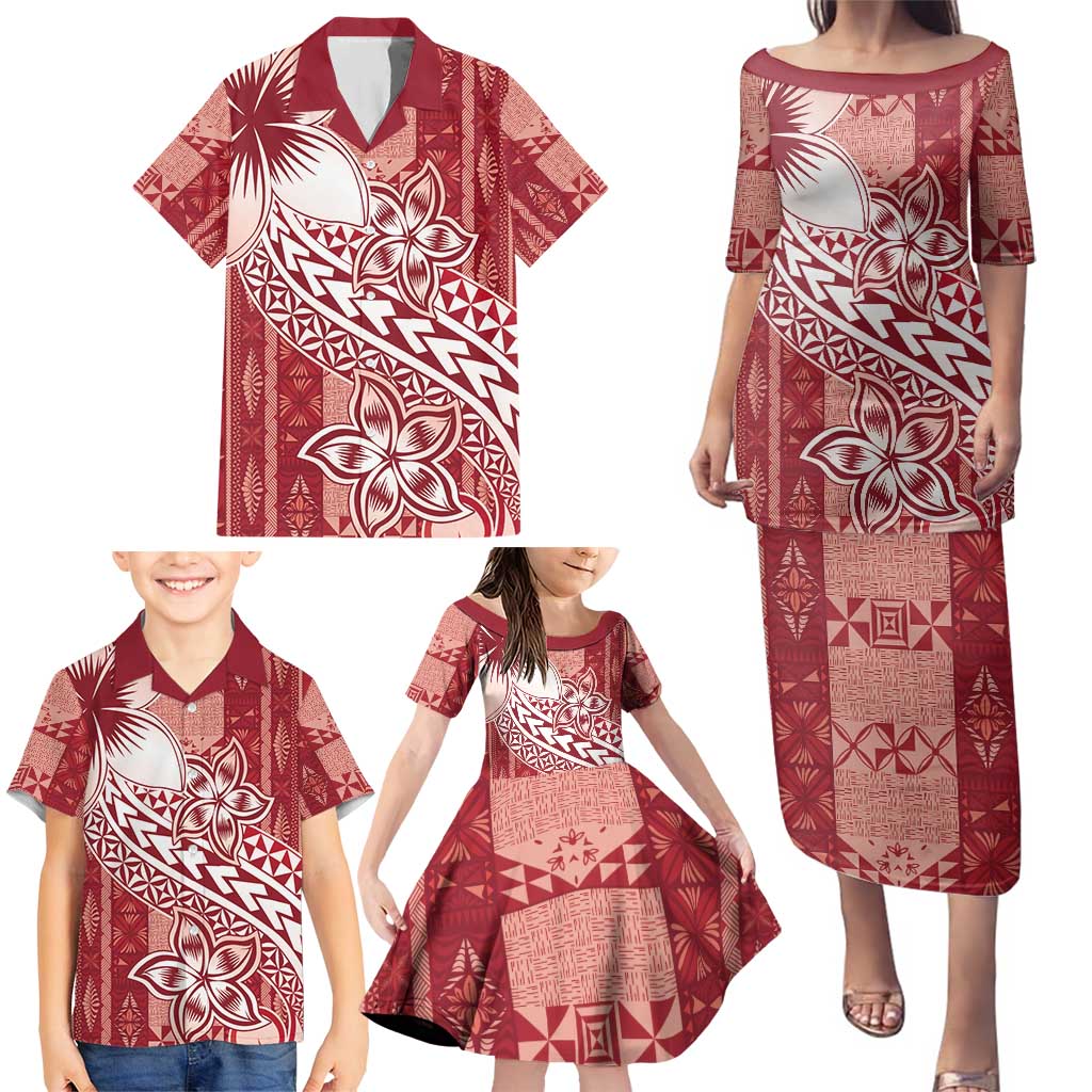 Tonga Kupesi Ngatu Family Matching Puletasi and Hawaiian Shirt Vintage Red Plumeria