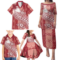 Tonga Kupesi Ngatu Family Matching Puletasi and Hawaiian Shirt Vintage Red Plumeria