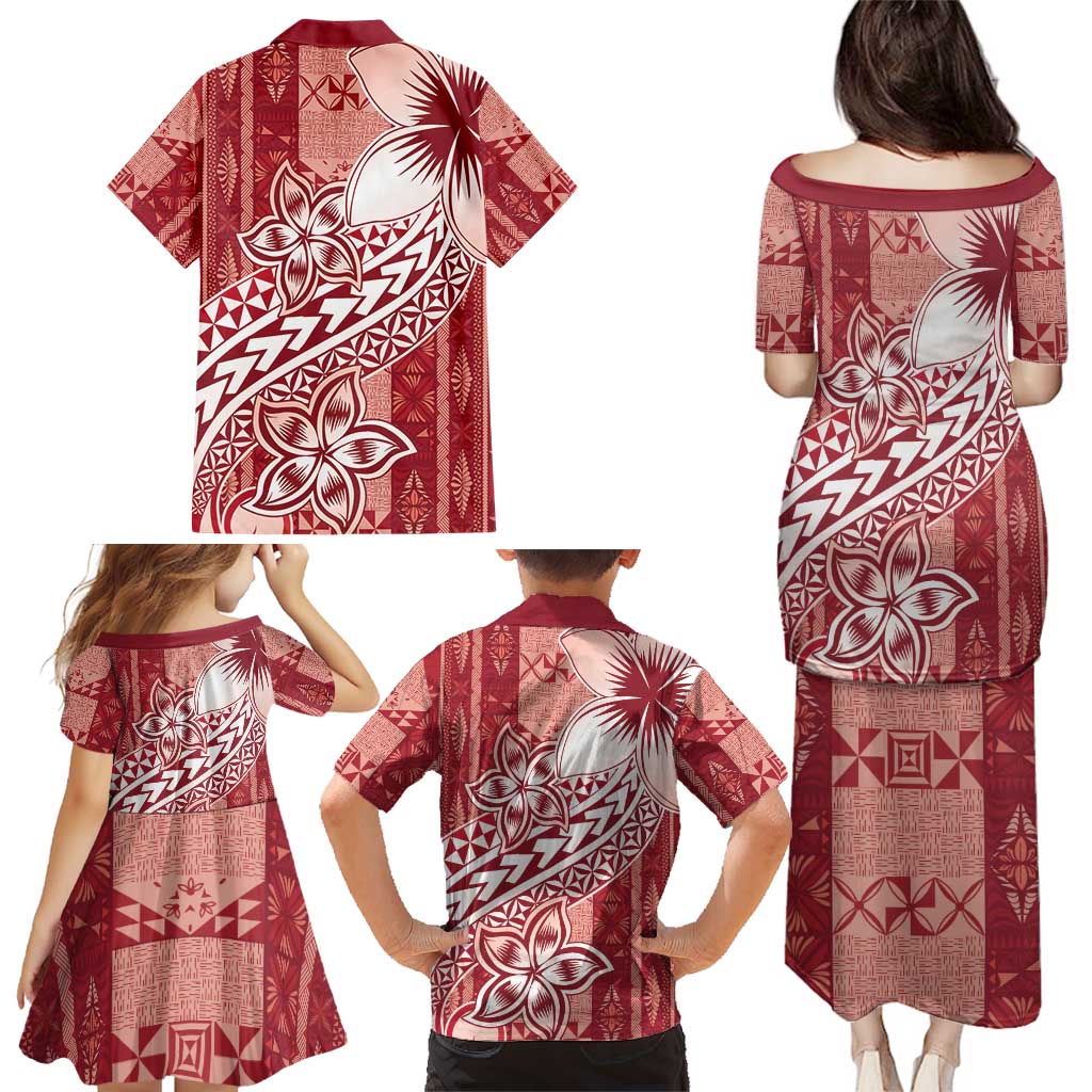 Tonga Kupesi Ngatu Family Matching Puletasi and Hawaiian Shirt Vintage Red Plumeria