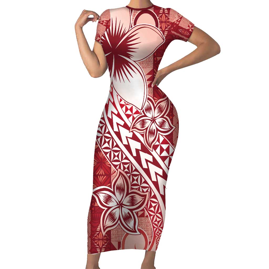 Tonga Kupesi Ngatu Family Matching Short Sleeve Bodycon Dress and Hawaiian Shirt Vintage Red Plumeria LT05 Mom's Dress Red - Polynesian Pride