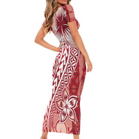 Tonga Kupesi Ngatu Family Matching Short Sleeve Bodycon Dress and Hawaiian Shirt Vintage Red Plumeria LT05 - Polynesian Pride