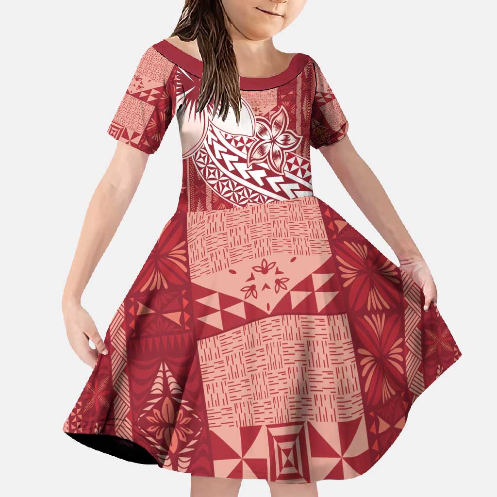 Tonga Kupesi Ngatu Family Matching Tank Maxi Dress and Hawaiian Shirt Vintage Red Plumeria LT05 Daughter's Dress Red - Polynesian Pride