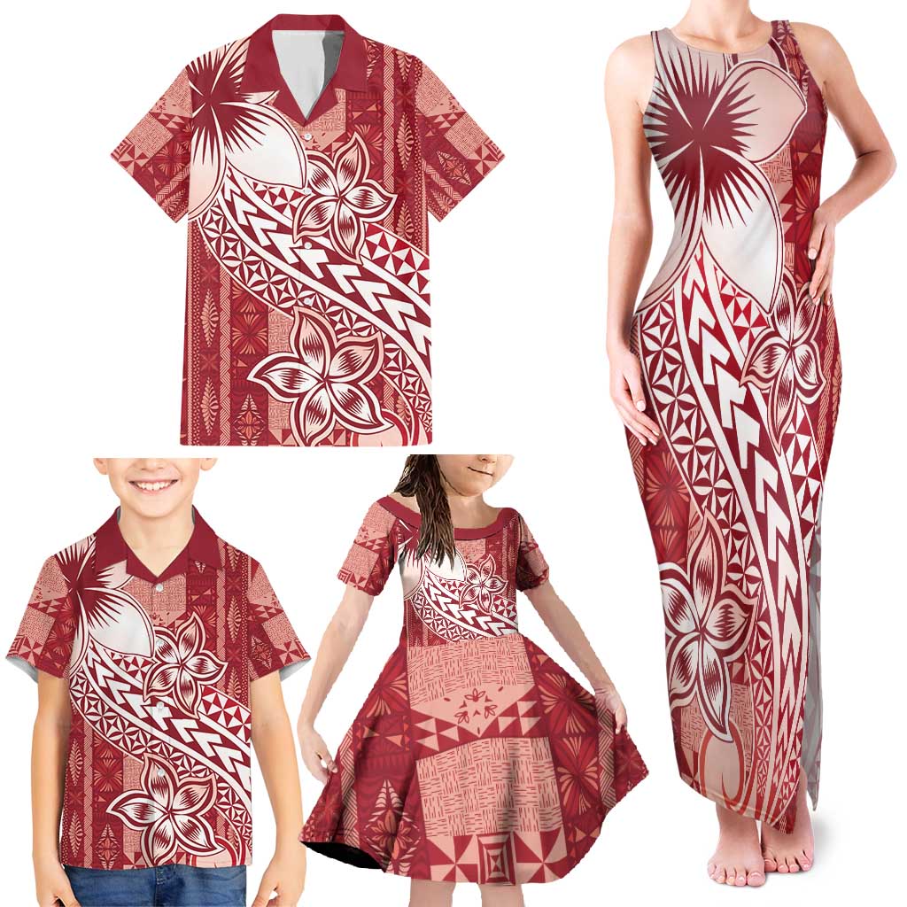 Tonga Kupesi Ngatu Family Matching Tank Maxi Dress and Hawaiian Shirt Vintage Red Plumeria LT05 - Polynesian Pride