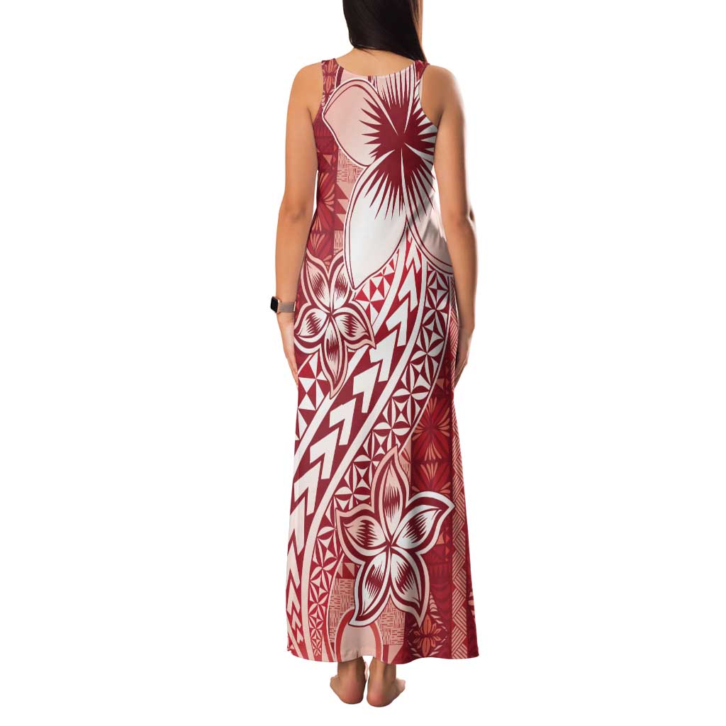 Tonga Kupesi Ngatu Family Matching Tank Maxi Dress and Hawaiian Shirt Vintage Red Plumeria LT05 - Polynesian Pride