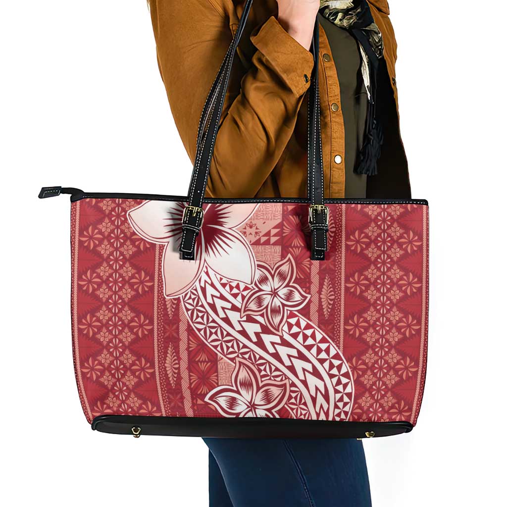 Tonga Kupesi Ngatu Leather Tote Bag Vintage Red Plumeria