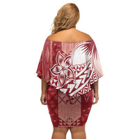 Tonga Kupesi Ngatu Off Shoulder Short Dress Vintage Red Plumeria LT05 - Polynesian Pride