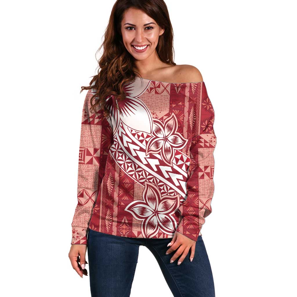 Tonga Kupesi Ngatu Off Shoulder Sweater Vintage Red Plumeria