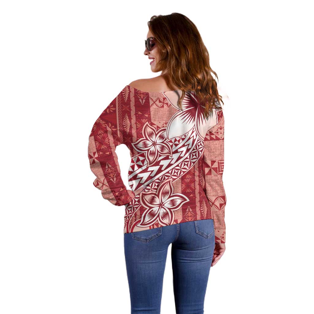 Tonga Kupesi Ngatu Off Shoulder Sweater Vintage Red Plumeria