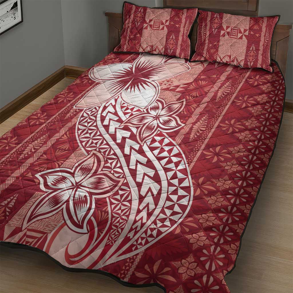 Tonga Kupesi Ngatu Quilt Bed Set Vintage Red Plumeria