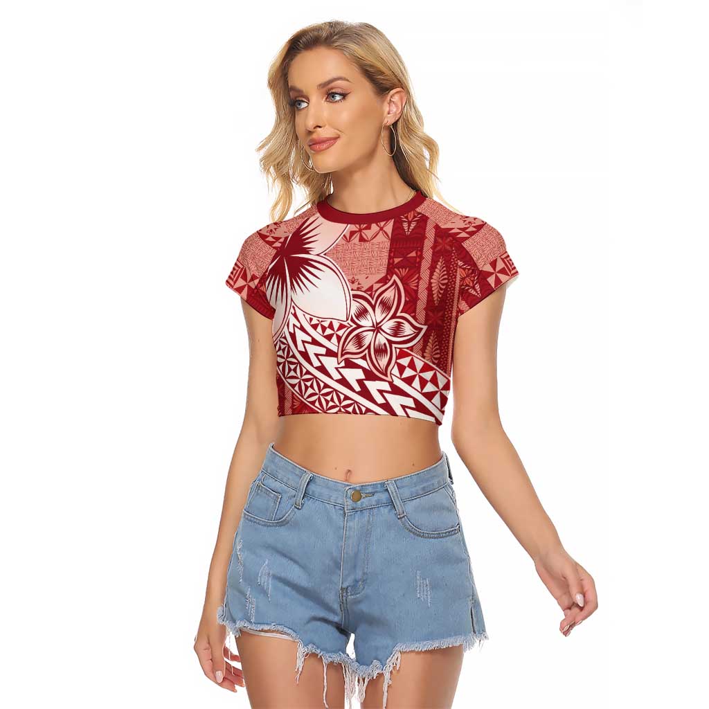 Tonga Kupesi Ngatu Raglan Cropped T Shirt Vintage Red Plumeria