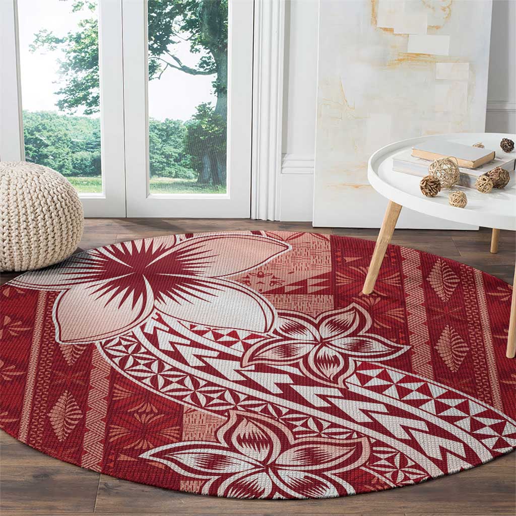 Tonga Kupesi Ngatu Round Carpet Vintage Red Plumeria