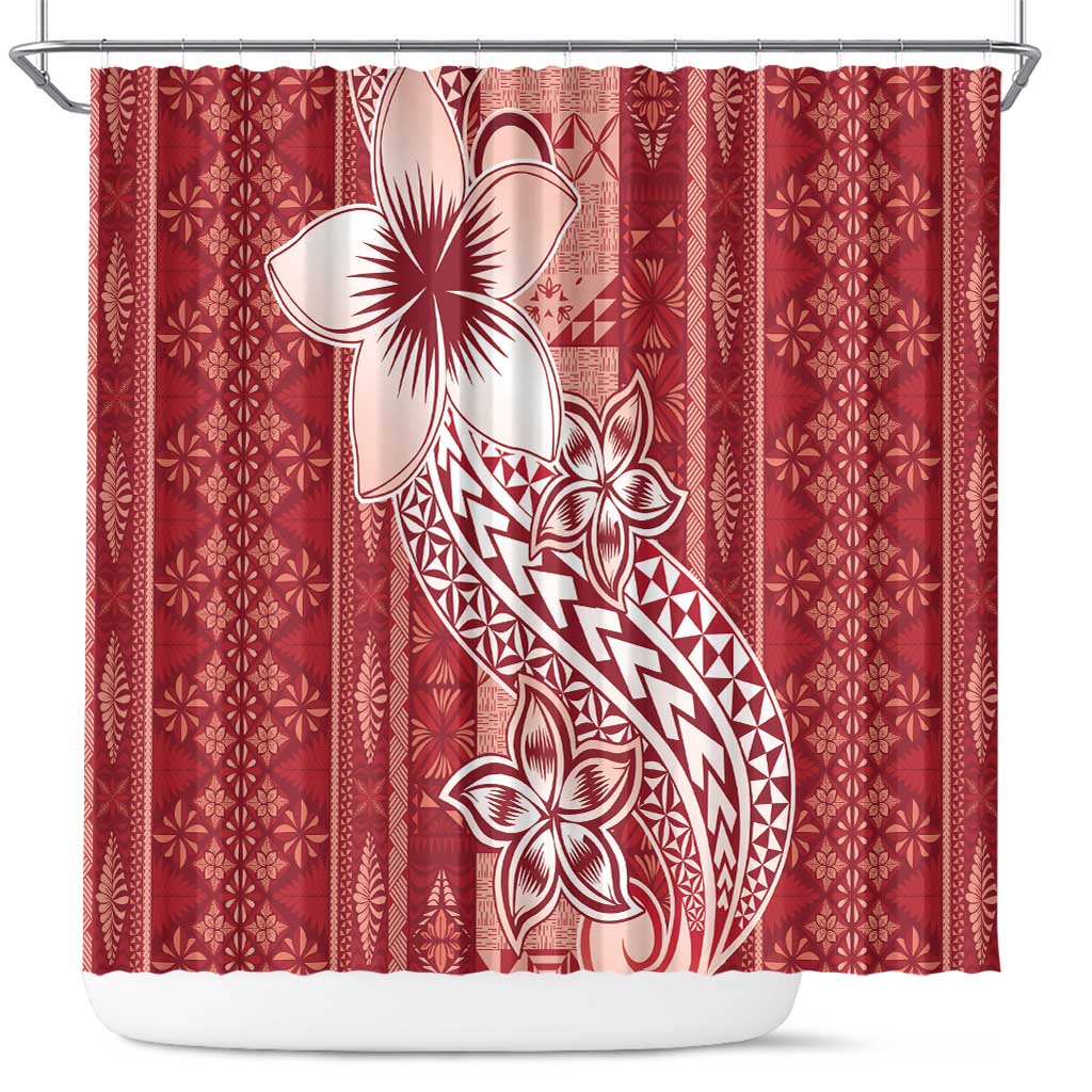 Tonga Kupesi Ngatu Shower Curtain Vintage Red Plumeria