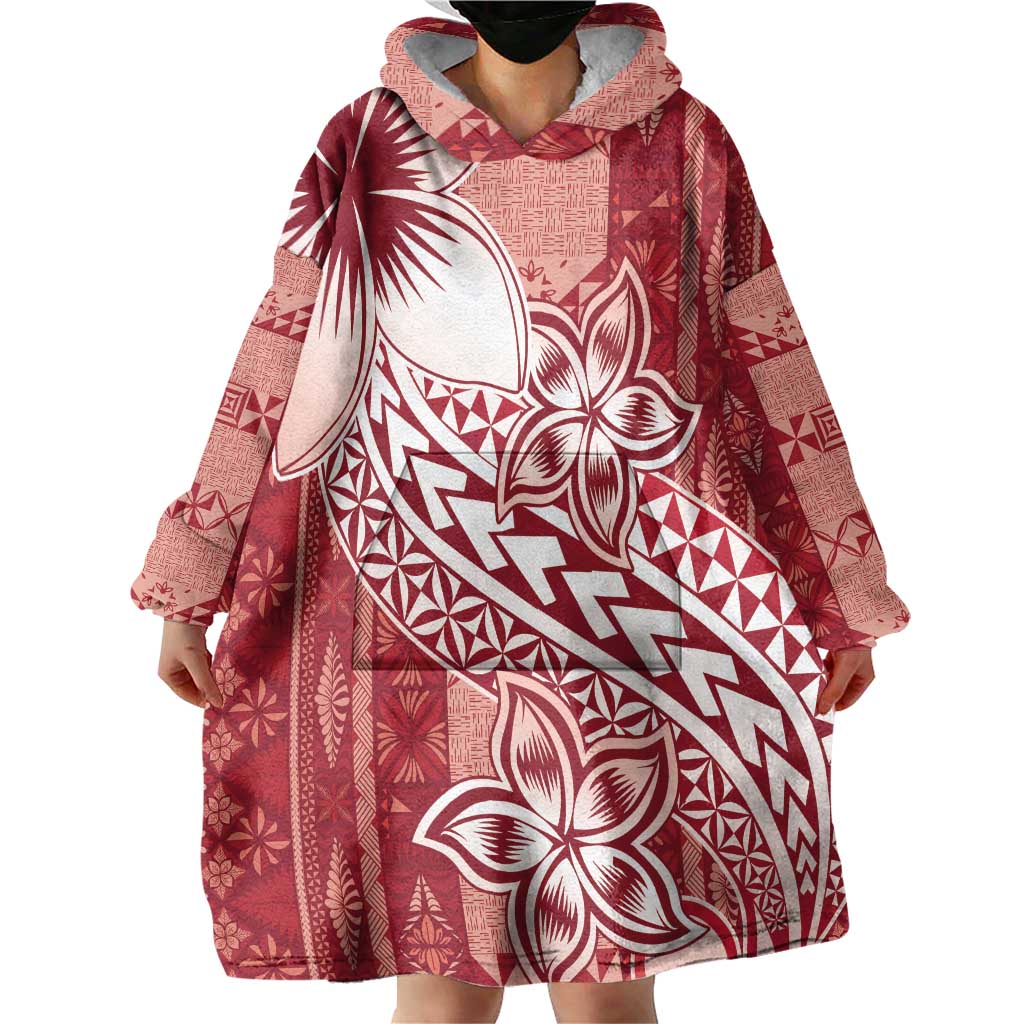 Tonga Kupesi Ngatu Wearable Blanket Hoodie Vintage Red Plumeria LT05 - Polynesian Pride