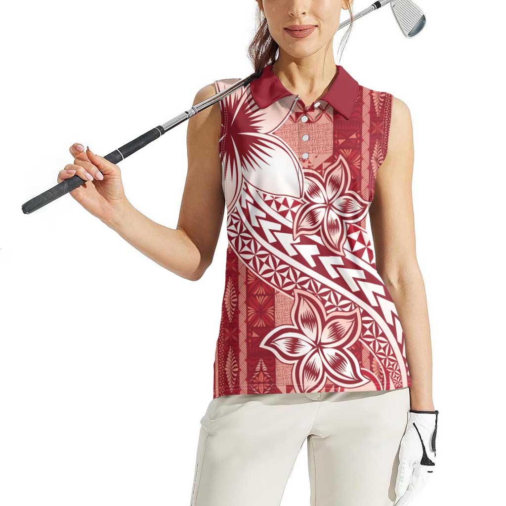 Tonga Kupesi Ngatu Women Sleeveless Polo Shirt Vintage Red Plumeria