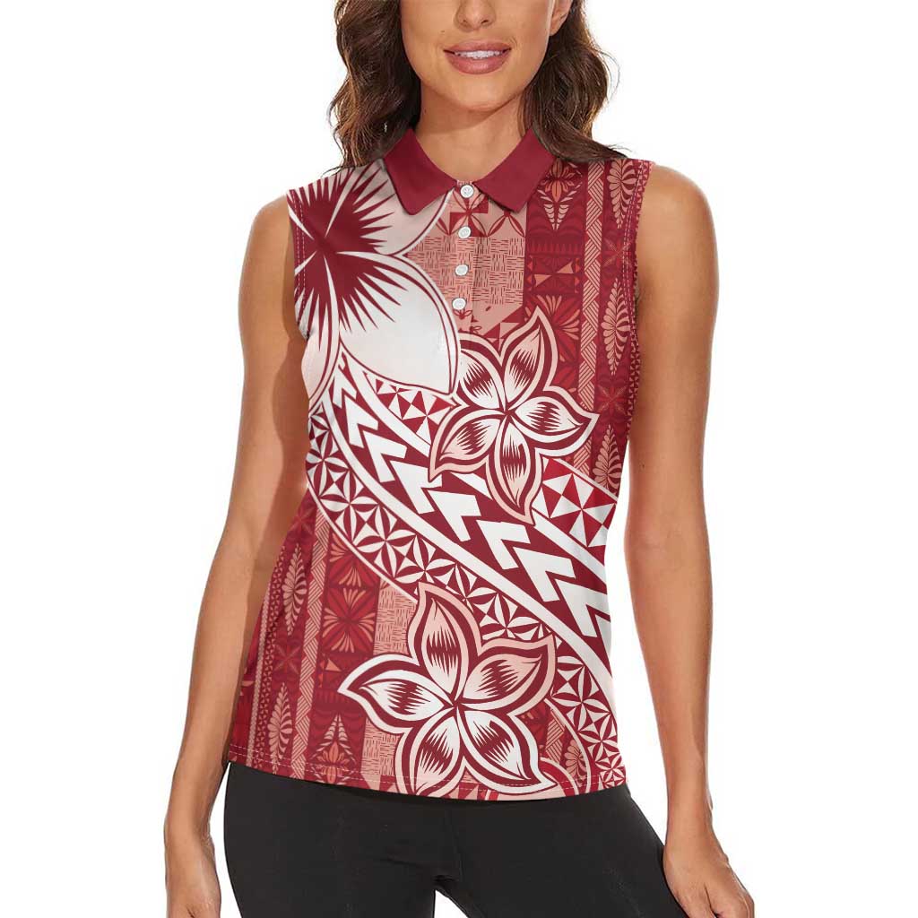 Tonga Kupesi Ngatu Women Sleeveless Polo Shirt Vintage Red Plumeria