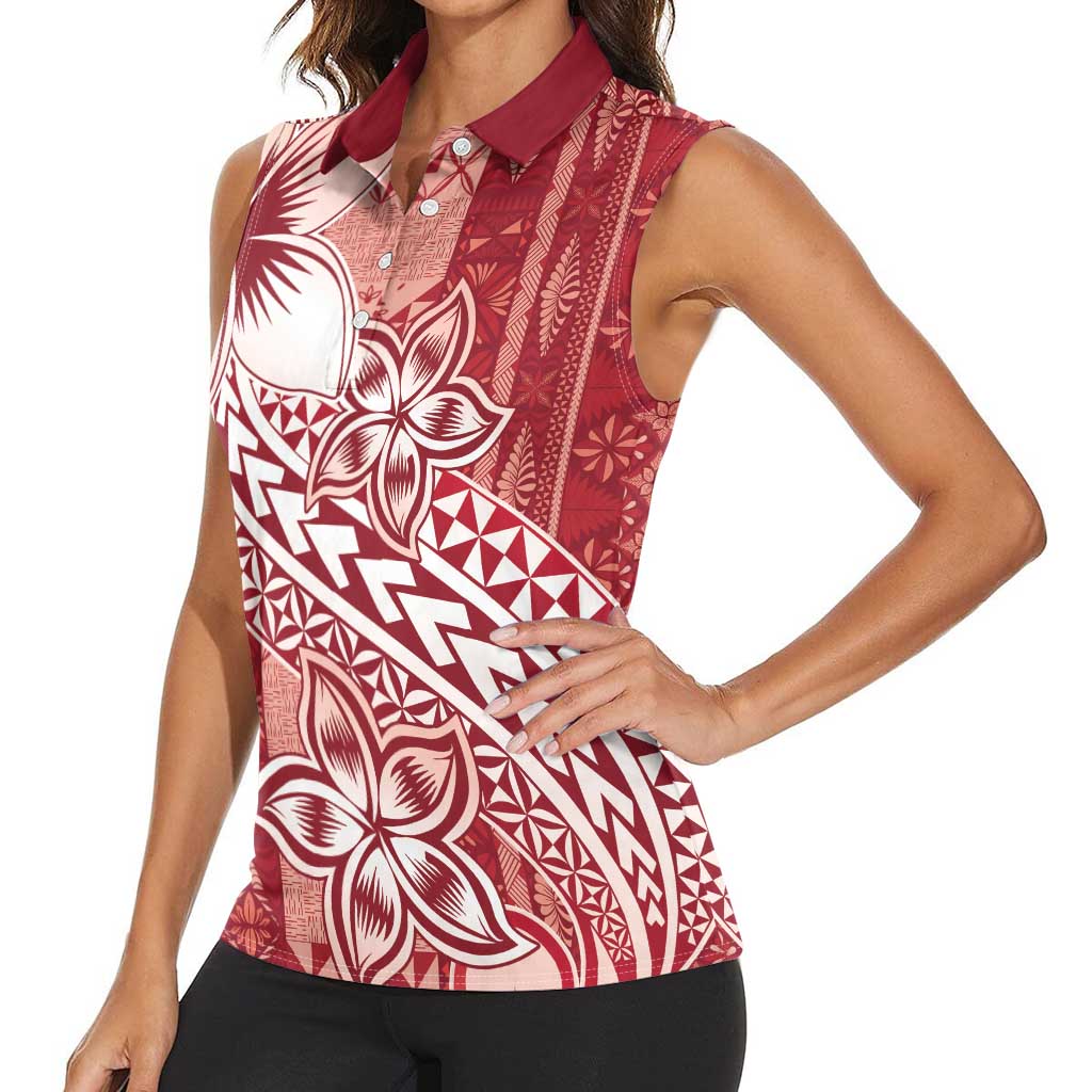 Tonga Kupesi Ngatu Women Sleeveless Polo Shirt Vintage Red Plumeria