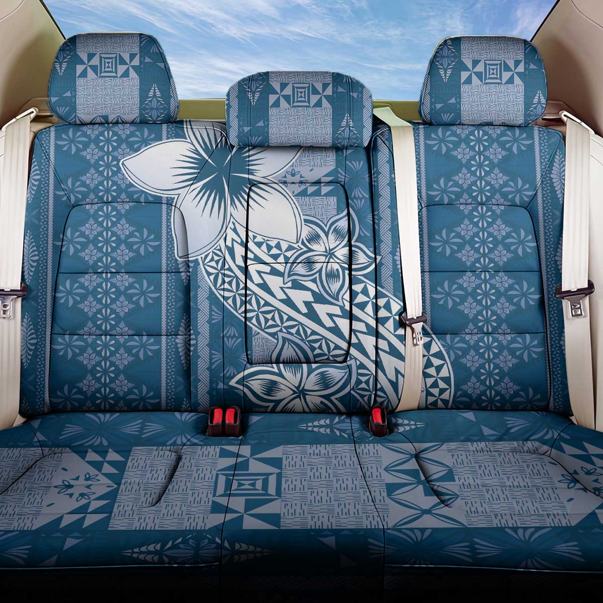 Tonga Kupesi Ngatu Back Car Seat Cover Vintage Blue Plumeria