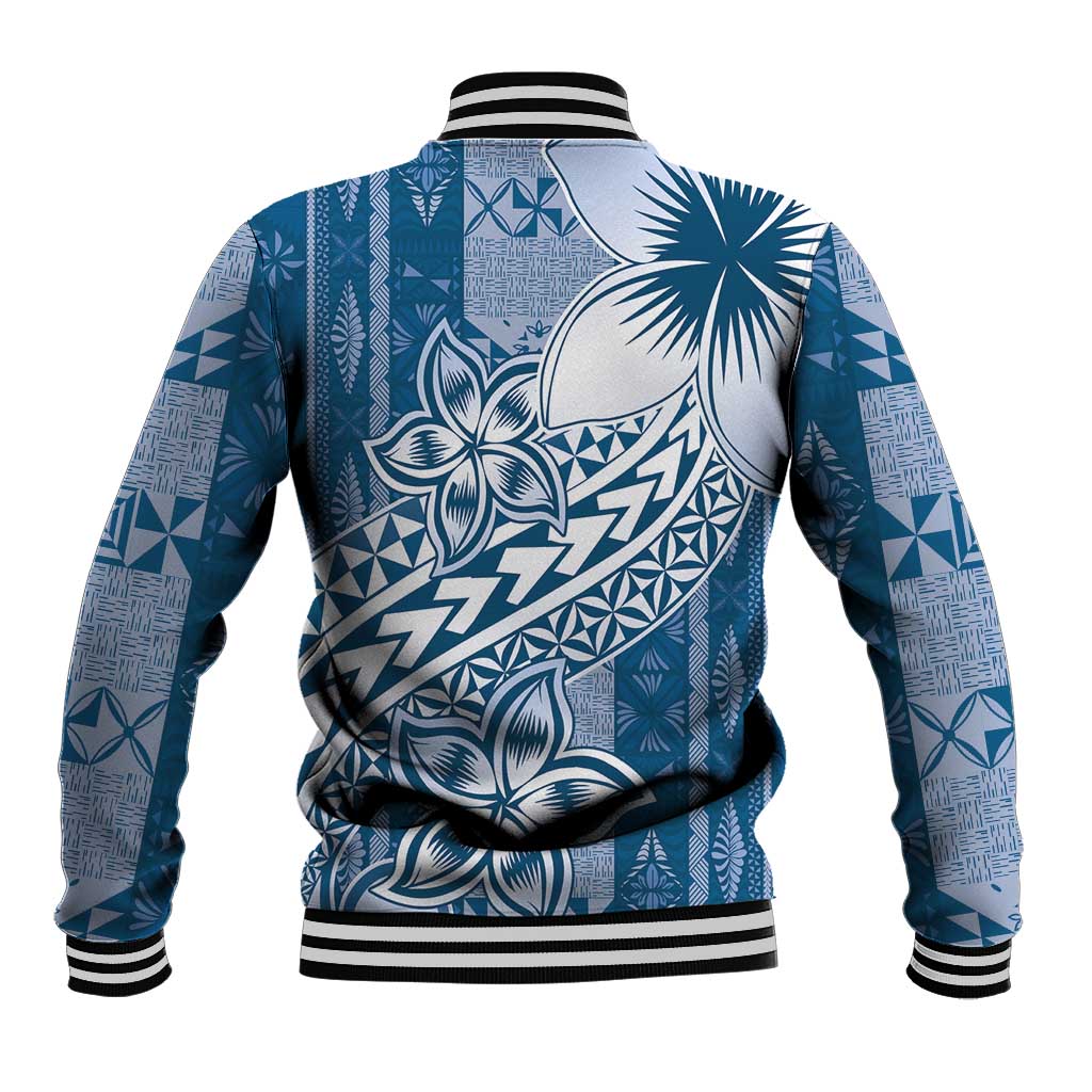 Tonga Kupesi Ngatu Baseball Jacket Vintage Blue Plumeria