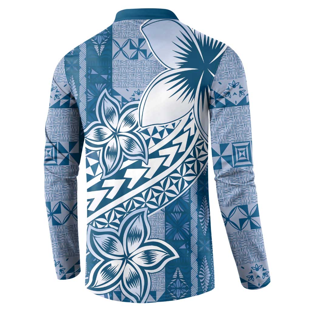 Tonga Kupesi Ngatu Button Sweatshirt Vintage Blue Plumeria