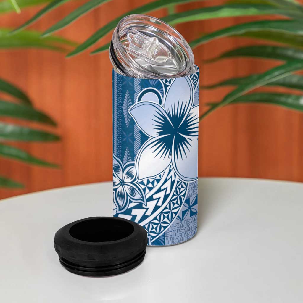 Tonga Kupesi Ngatu 4 in 1 Can Cooler Tumbler Vintage Blue Plumeria