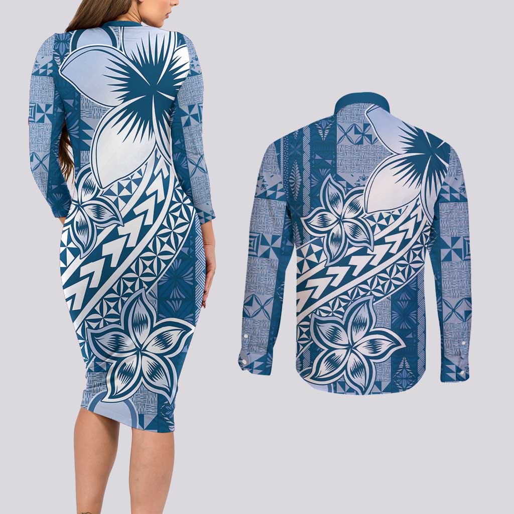 Tonga Kupesi Ngatu Couples Matching Long Sleeve Bodycon Dress and Long Sleeve Button Shirt Vintage Blue Plumeria