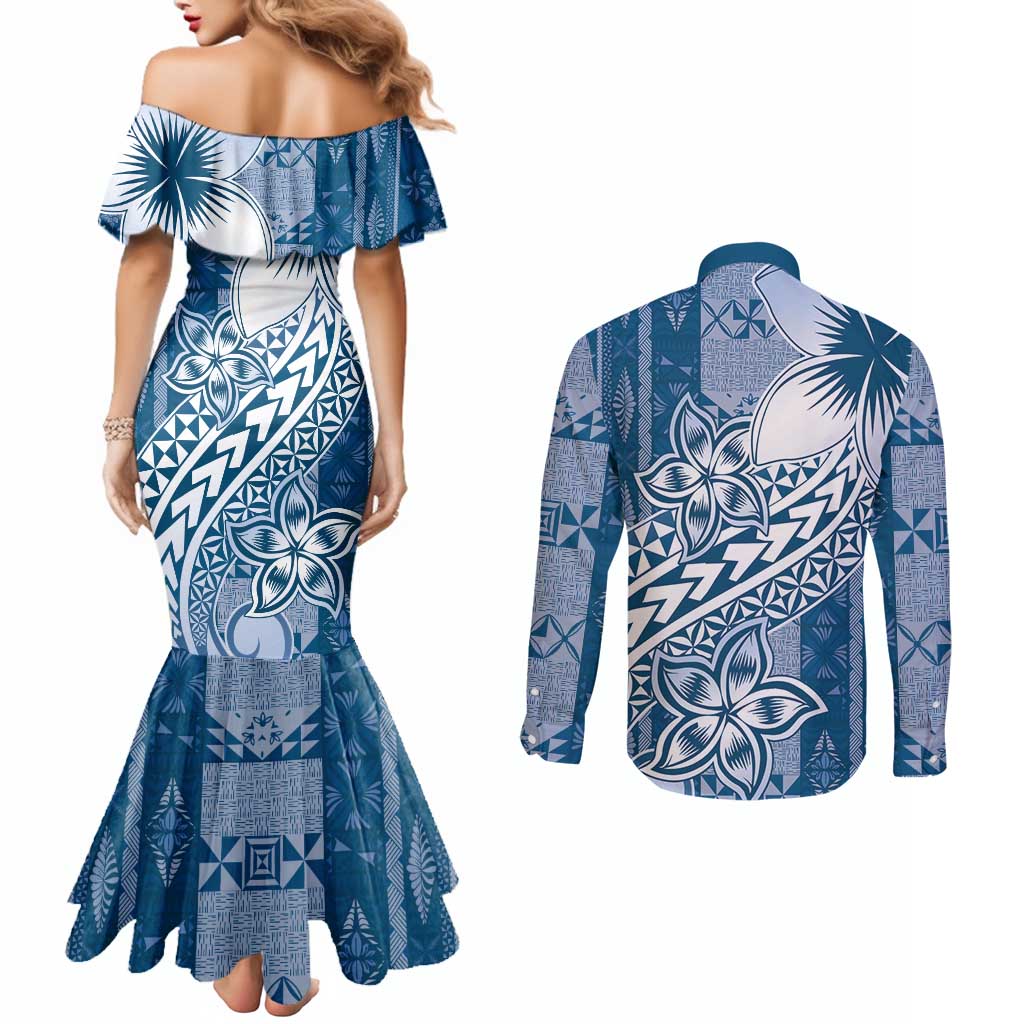 Tonga Kupesi Ngatu Couples Matching Mermaid Dress and Long Sleeve Button Shirt Vintage Blue Plumeria