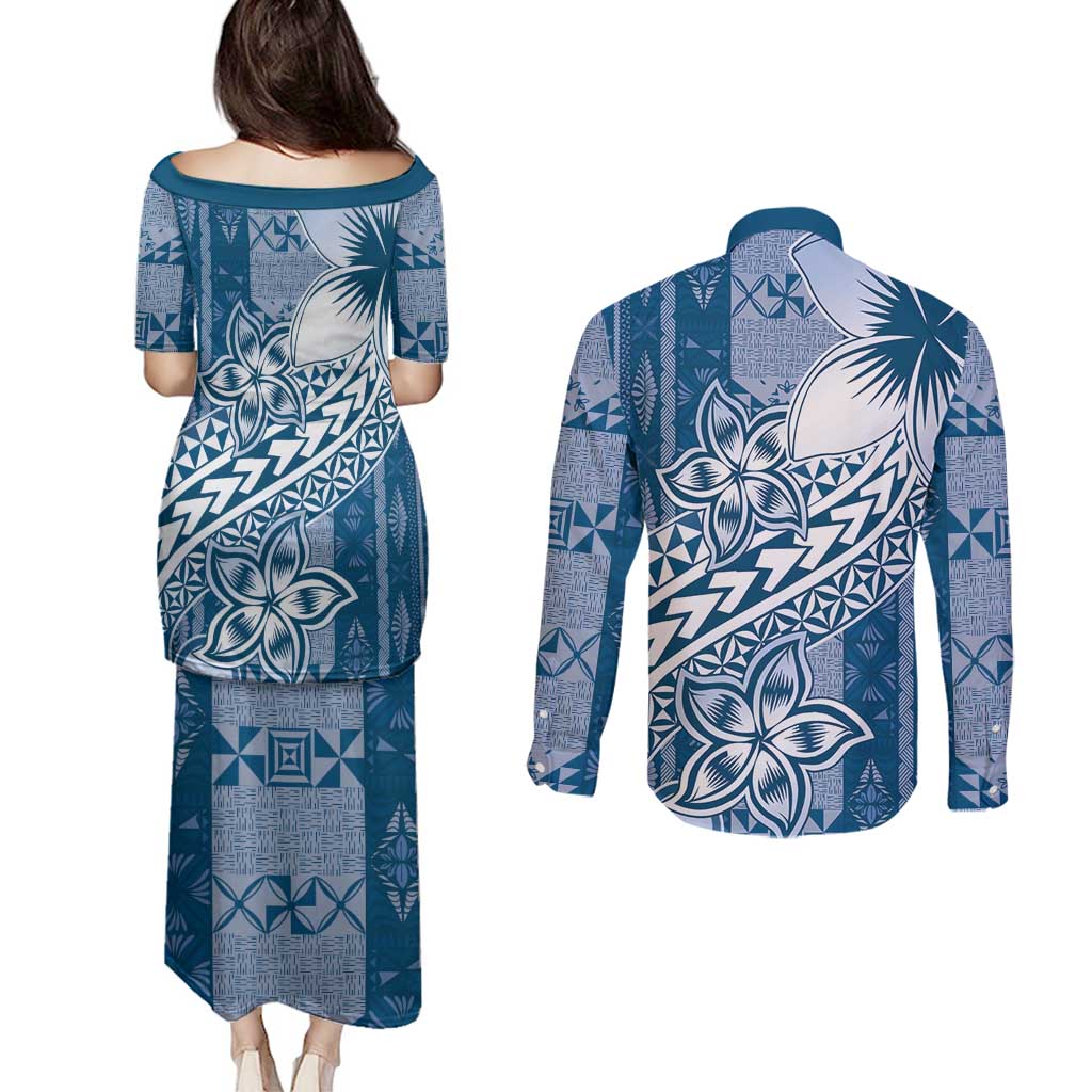 Tonga Kupesi Ngatu Couples Matching Puletasi and Long Sleeve Button Shirt Vintage Blue Plumeria