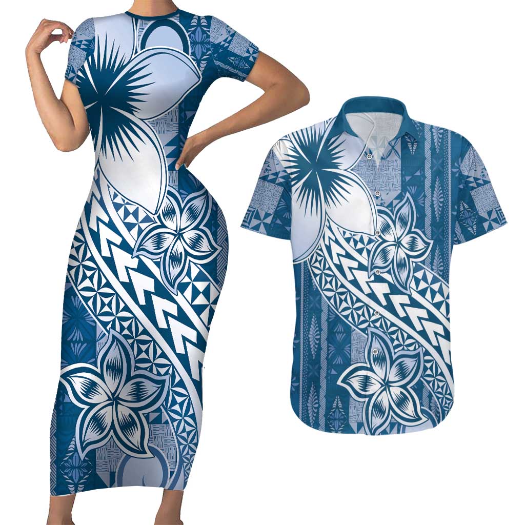Tonga Kupesi Ngatu Couples Matching Short Sleeve Bodycon Dress and Hawaiian Shirt Vintage Blue Plumeria