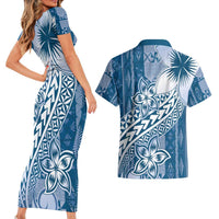 Tonga Kupesi Ngatu Couples Matching Short Sleeve Bodycon Dress and Hawaiian Shirt Vintage Blue Plumeria