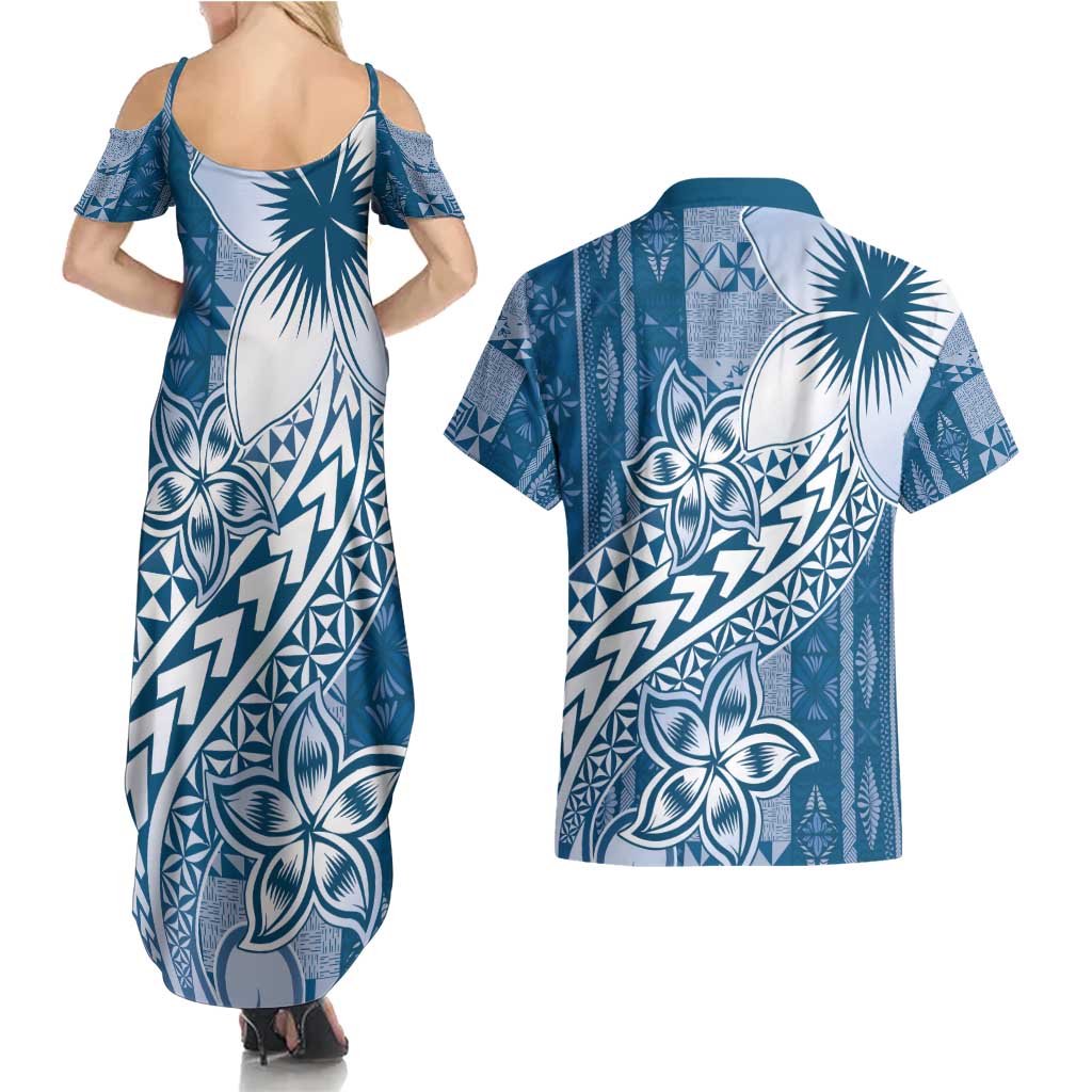 Tonga Kupesi Ngatu Couples Matching Summer Maxi Dress and Hawaiian Shirt Vintage Blue Plumeria