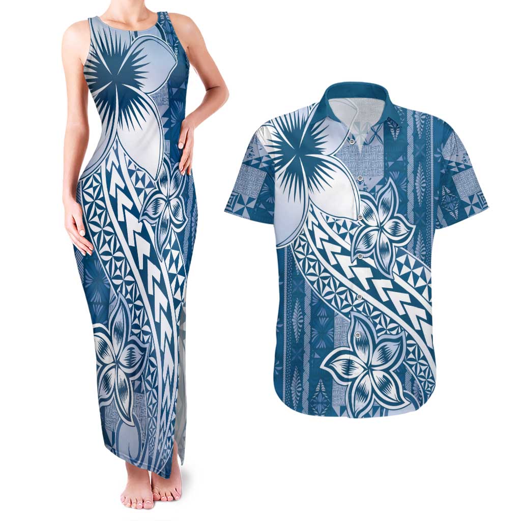 Tonga Kupesi Ngatu Couples Matching Tank Maxi Dress and Hawaiian Shirt Vintage Blue Plumeria
