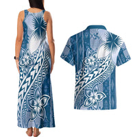 Tonga Kupesi Ngatu Couples Matching Tank Maxi Dress and Hawaiian Shirt Vintage Blue Plumeria