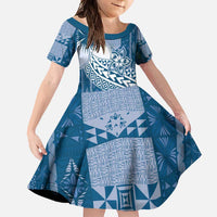 Tonga Kupesi Ngatu Family Matching Long Sleeve Bodycon Dress and Hawaiian Shirt Vintage Blue Plumeria LT05 Daughter's Dress Blue - Polynesian Pride