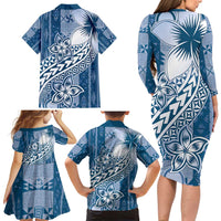 Tonga Kupesi Ngatu Family Matching Long Sleeve Bodycon Dress and Hawaiian Shirt Vintage Blue Plumeria LT05 - Polynesian Pride