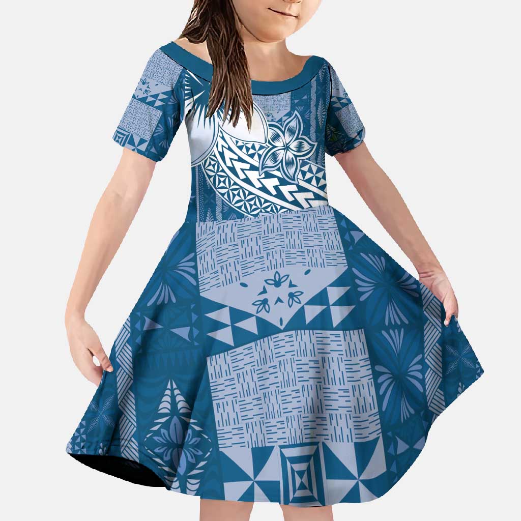 Tonga Kupesi Ngatu Family Matching Mermaid Dress and Hawaiian Shirt Vintage Blue Plumeria LT05 Daughter's Dress Blue - Polynesian Pride